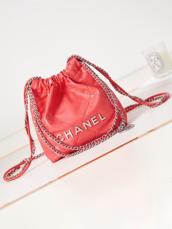 Chanel 22 Mini Drawstring Bucket Bag in Coral Red Quilted Leather