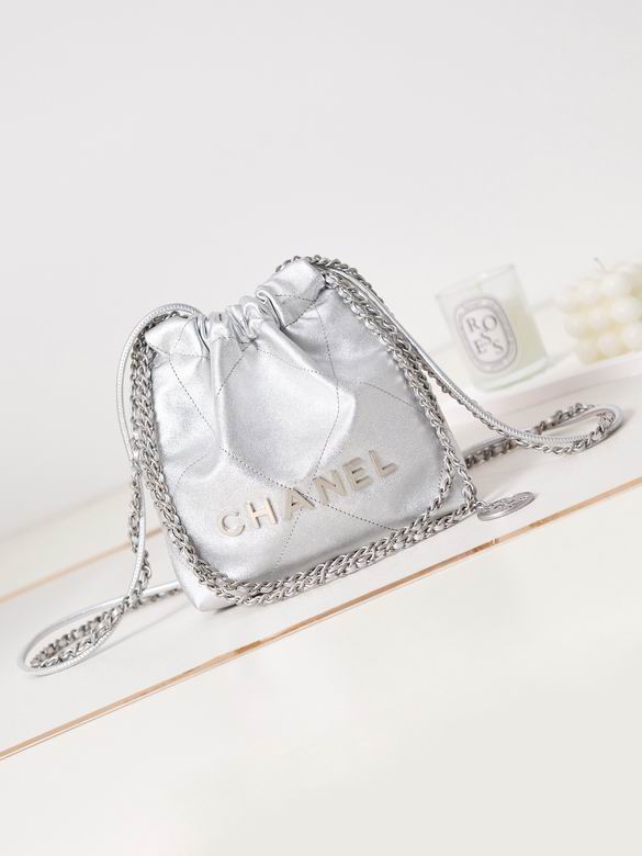 Chanel 22 Mini Drawstring Bucket Bag in Silver Metallic Leather