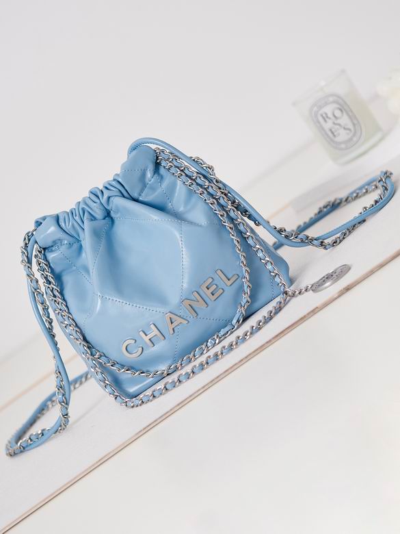Chanel 22 Mini Drawstring Bag in Light Blue Shiny Calfskin with Silver Chain