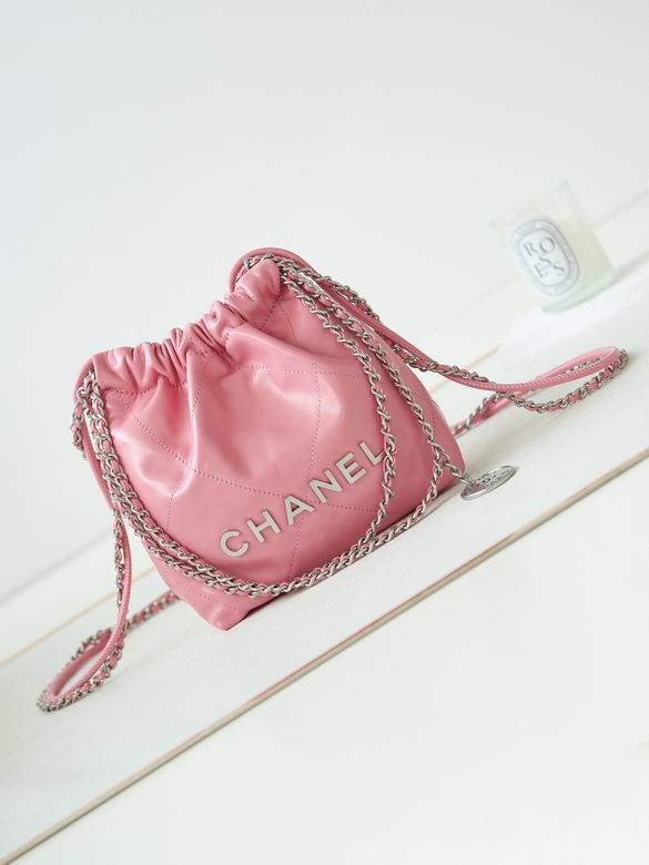 Chanel 22 Mini Drawstring Bucket Bag in Pink Calfskin with Silver Chain