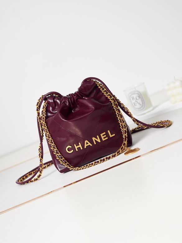 Chanel 22 Mini Drawstring Bucket Bag in Burgundy Shiny Leather with Gold Chain