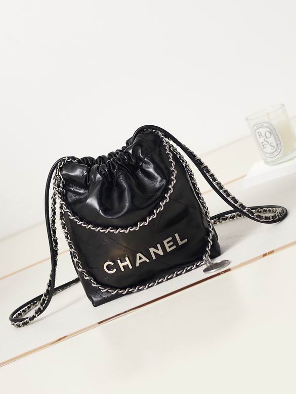 Chanel 22 Mini Drawstring Bucket Bag in Black Shiny Leather with Silver Chain