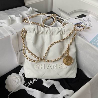 Chanel 22 Mini Drawstring Bag in White Quilted Leather with Gold Chain