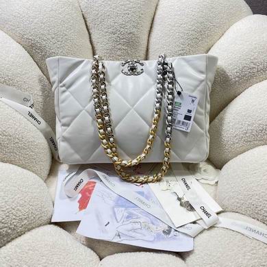 Chanel 19 Quilted Shopping Tote with Mixed-Metal Chain Straps in White