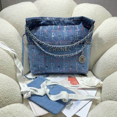 Chanel 22 Chain Tote Bag in Blue Denim with Silver Chain and Charm
