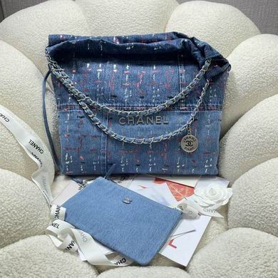 Chanel 22 Large Hobo Tote Bag in Blue Denim with Silver Chain and Pouch