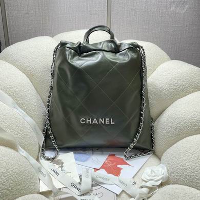 Chanel 22 Backpack in Dark Green Quilted Shiny Calfskin with Silver Hardware