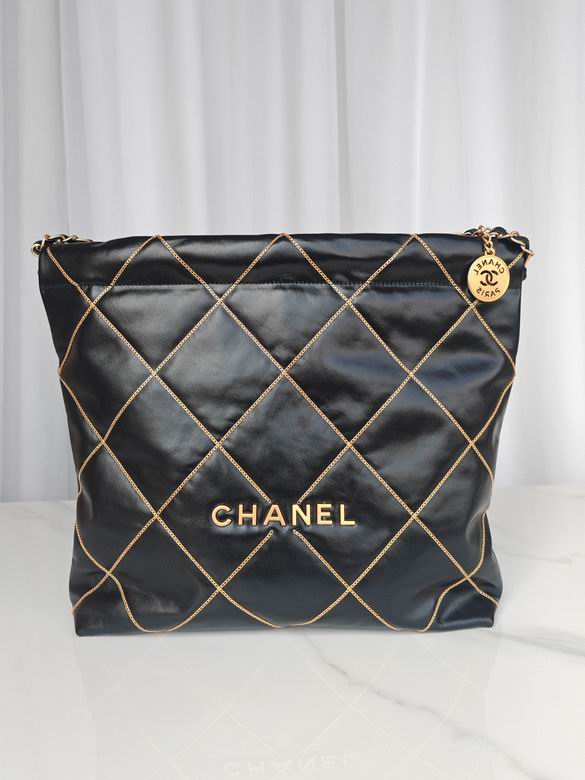 Chanel 22 Large Hobo Tote Bag in Black Shiny Calfskin with Gold Stitching