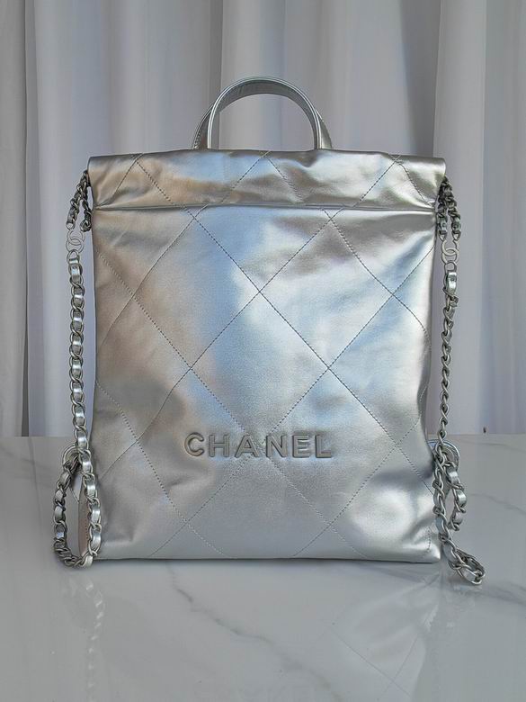 Chanel 22 Backpack in Silver Metallic Quilted Leather with Chain Straps