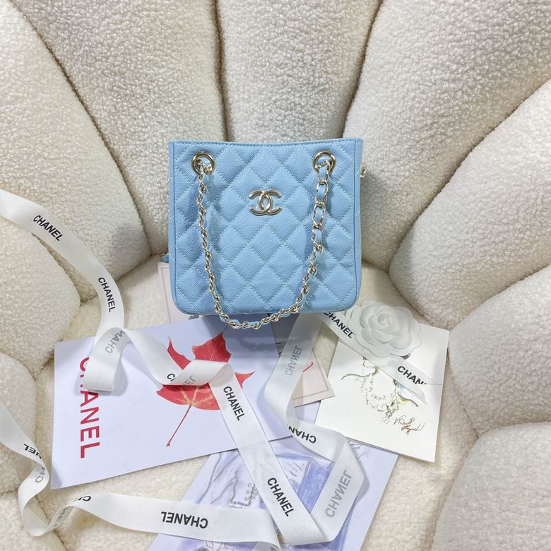 Chanel Mini Quilted Chain-Handle Tote Bag in Light Blue Grained Leather