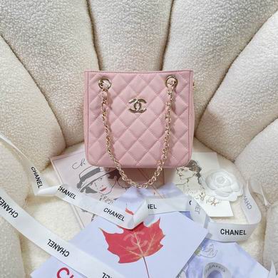 Chanel Mini Quilted Chain Shopping Tote Bag in Pink with Gold CC Logo