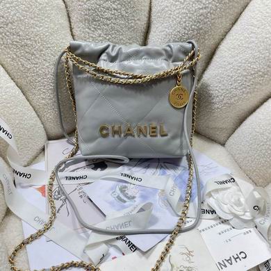 Chanel 22 Mini Drawstring Bucket Bag in Light Grey Leather with Gold Hardware