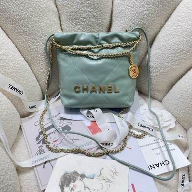 Chanel 22 Mini Drawstring Bucket Bag in Mint Green Quilted Leather