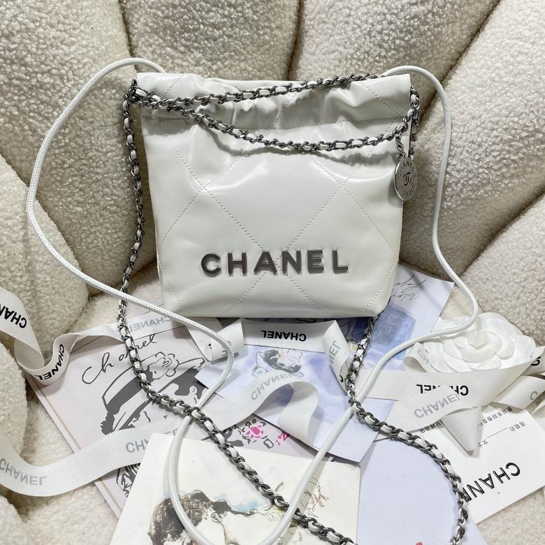 Chanel 22 Mini Drawstring Bag in White Quilted Leather with Silver Chain