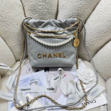 Chanel 22 Mini Bucket Bag in Grey Quilted Leather with Pearl Chain