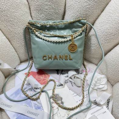 Chanel 22 Mini Bucket Bag in Mint Green Shiny Calfskin with Pearl Chain