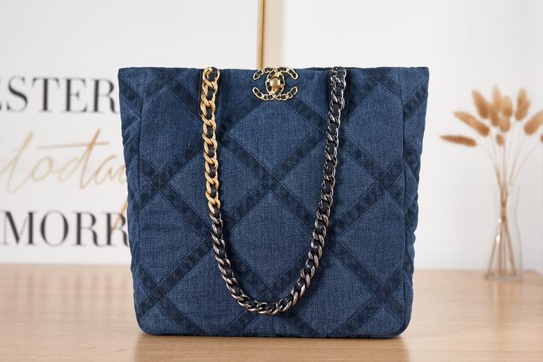Chanel 19 Shopping Tote in Blue Quilted Denim with Mixed-Metal Chain
