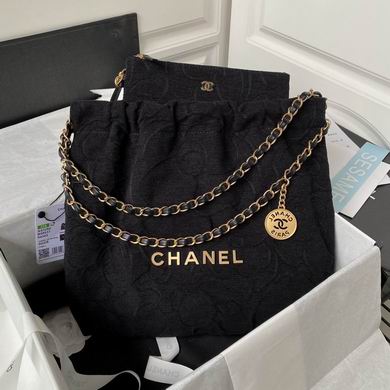 Chanel 22 Medium Drawstring Hobo Bag in Black Camellia Textile
