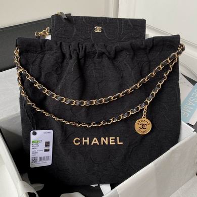 Chanel 22 Large Drawstring Chain Bag in Black Camellia Embossed Fabric