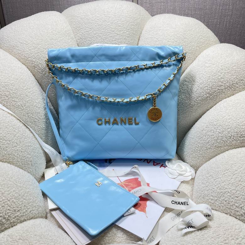 Chanel 22 Medium Quilted Hobo Tote Bag in Light Blue Shiny Leather