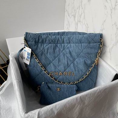 Chanel 22 Hobo-Style Tote Bag in Blue Quilted Denim with Gold Chain