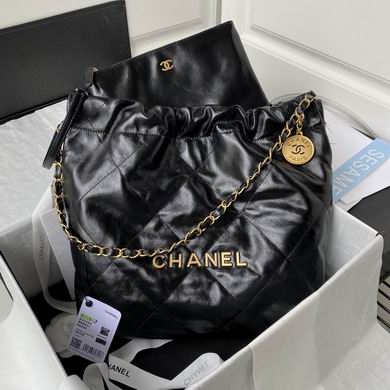 Chanel 22 Large Drawstring Hobo Bag in Black Shiny Calfskin with Gold Hardware