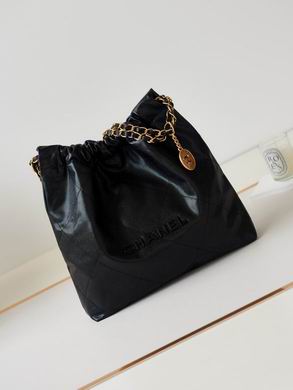 Chanel 22 Medium Drawstring Hobo Bag in Black Calfskin with Gold Chain