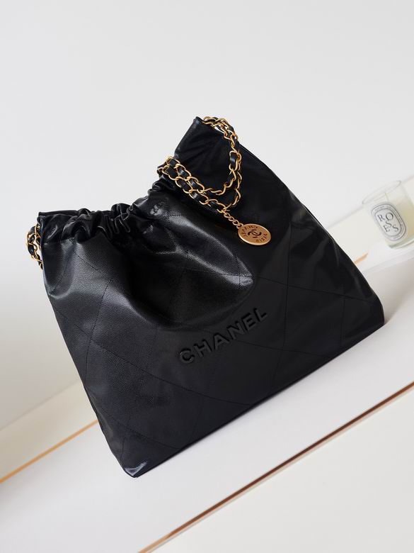 Chanel 22 Large Drawstring Chain Tote Bag in Black Leather with Gold Hardware
