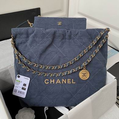 Chanel 22 Medium Hobo Bag in Blue Quilted Denim with Gold-Tone Chain