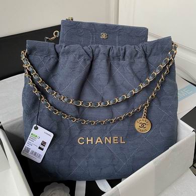 Chanel 22 Large Drawstring Bag in Blue Quilted Denim with Gold-Tone Hardware