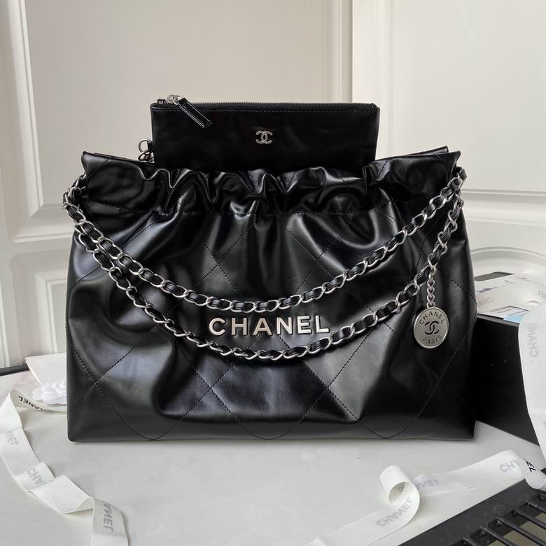 Chanel 22 Large Drawstring Tote Bag in Black Shiny Calfskin with Silver Chain