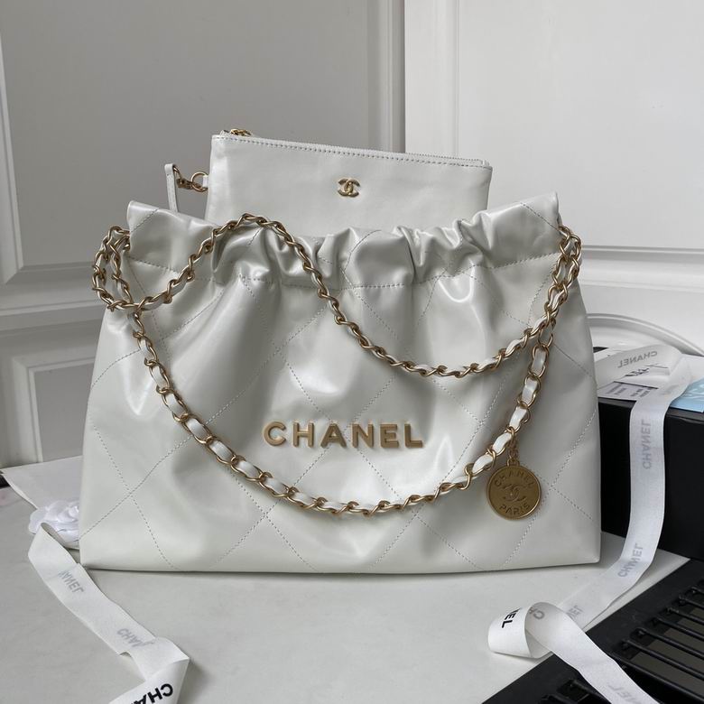 Chanel 22 Large Drawstring Tote Bag in White Shiny Calfskin with Gold Hardware