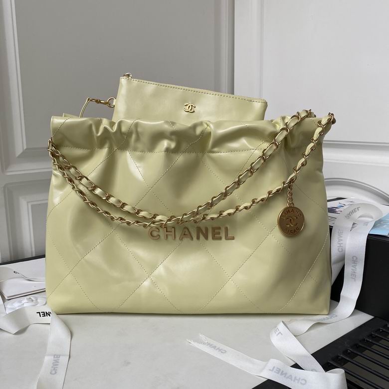 Chanel 22 Large Drawstring Hobo Tote in Pale Yellow Shiny Calfskin