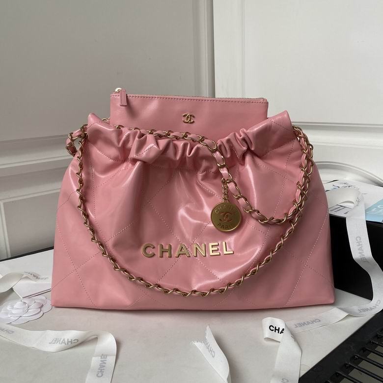Chanel 22 Large Drawstring Hobo Tote Bag in Pink Shiny Quilted Leather