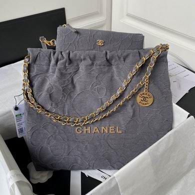Chanel 22 Medium Hobo Bag in Gray Camellia-Embossed Fabric with Gold Chain