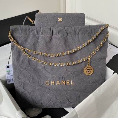 Chanel 22 Large Tote Bag in Gray Camellia-Embossed Denim with Gold Chain