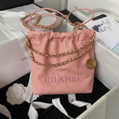 Chanel 22 Mini Drawstring Handbag in Pink Quilted Leather with Gold Hardware