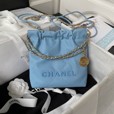 Chanel 22 Mini Drawstring Chain Bag in Light Blue Quilted Leather