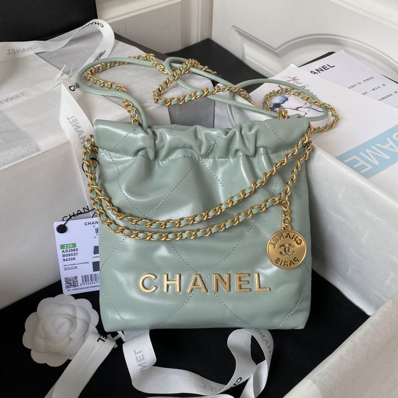 Chanel 22 Mini Drawstring Handbag in Sage Green Shiny Calfskin with Gold Hardware