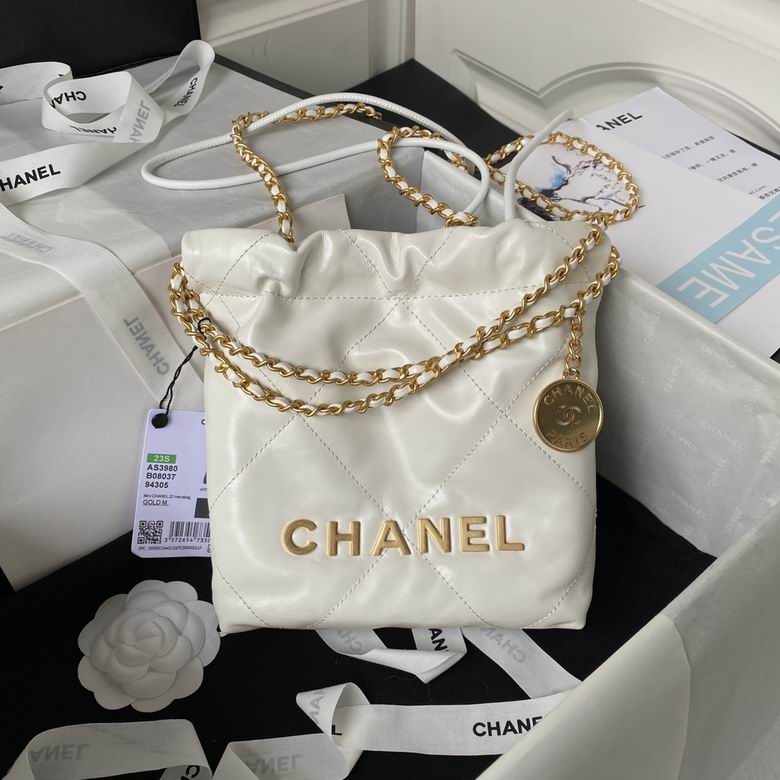 Chanel 22 Mini Handbag AS3980 in White Quilted Leather with Gold Hardware