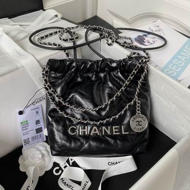 Chanel 22 Mini Drawstring Hobo Bag in Black Shiny Calfskin with Silver Hardware