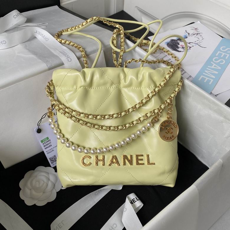 Chanel 22 Mini Drawstring Bag in Pale Yellow Quilted Leather with Pearl Chain