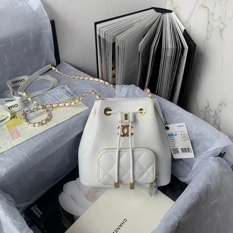 Chanel Drawstring Bucket Bag with Chain Strap in White Grained Leather