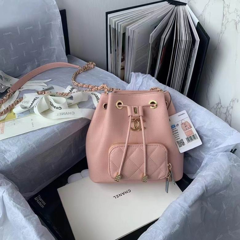 Chanel Drawstring Bucket Bag with Quilted Pocket in Pink Grained Leather