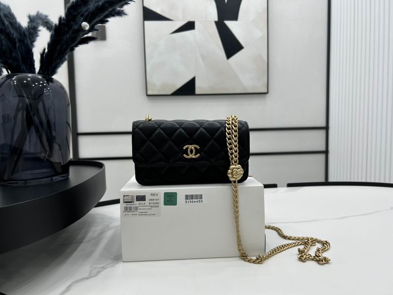 Chanel A68141 Quilted Flap Wallet on Chain with Camellia Chain in Black