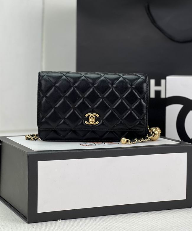Chanel Wallet on Chain AP1450 in Black Quilted Leather with Gold Pearl-Ball Chain