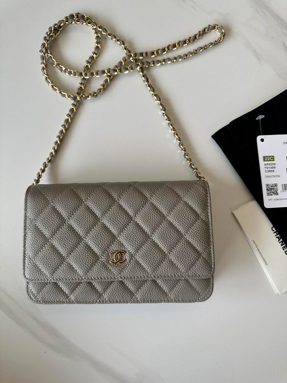 Chanel Classic Wallet on Chain in Grey Quilted Grained Leather with Gold Chain
