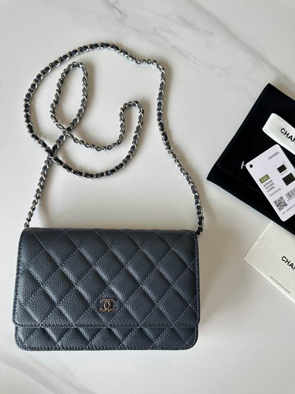 Chanel Classic Wallet on Chain Crossbody Bag in Navy Quilted Grained Leather