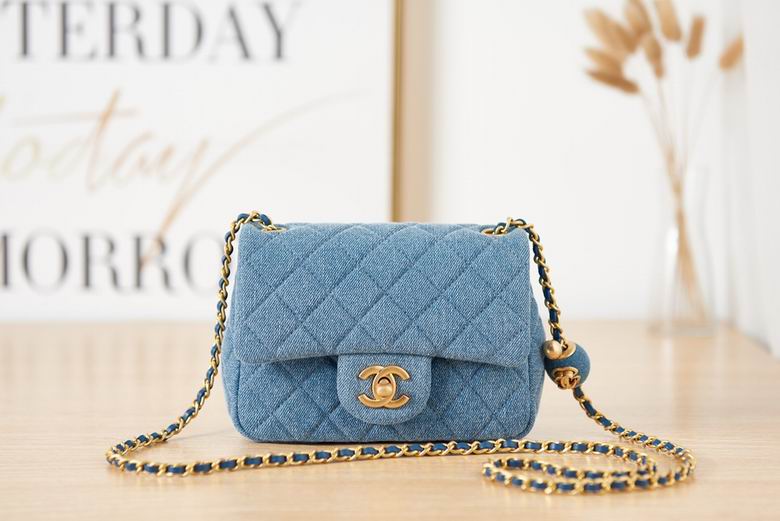 Chanel Mini Flap Bag in Blue Quilted Denim with Gold Pearl Charm Chain