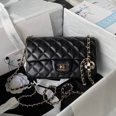 Chanel Mini Classic Flap Bag in Black Quilted Lambskin with Gold Chain and Ball Charm